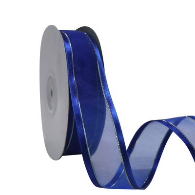 Blue Satin Edge Organza with Gold Thread Ribbon - 25mm x 25m