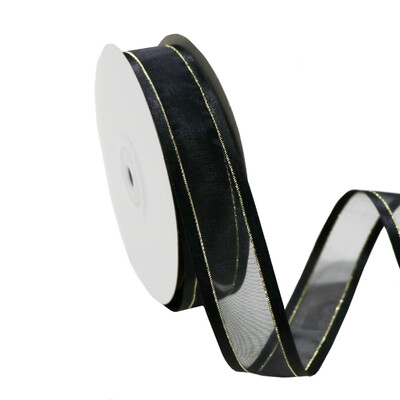 Black Satin Edge Organza with Gold Thread Ribbon - 25mm x 25m