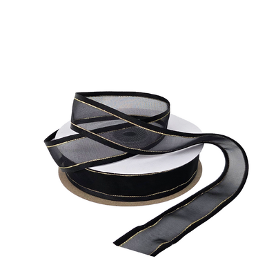 Black Satin Edge Organza with Gold Thread Ribbon - 25mm x 25m