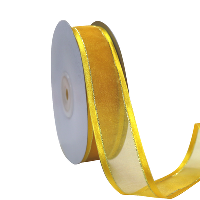 Yellow-Gold Satin Edge Organza with Gold Thread Ribbon - 25mm x 25m