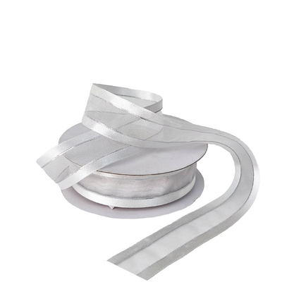 White Satin Edge Organza with Silver Thread Ribbon - 25mm x 25m