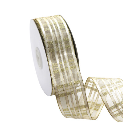 Cream Satin and Organza Stripe Ribbon with Gold Thread - 38mm x 25M