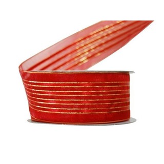 Red Sheer Organza Satin Stripe With Gold Trim  Ribbon - 38mm x 25M