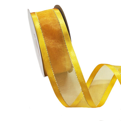 Gold Satin Edge Sheer Organza With Gold Trim Ribbon - 38mm x 25M