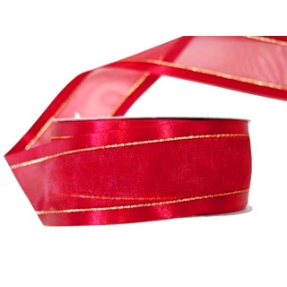 Red Satin Edge Sheer Organza With Gold Trim Ribbon - 38mm x 25M