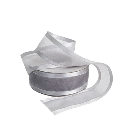 Silver Satin Edge Sheer Organza With Silver Trim Ribbon - 38mm x 25M