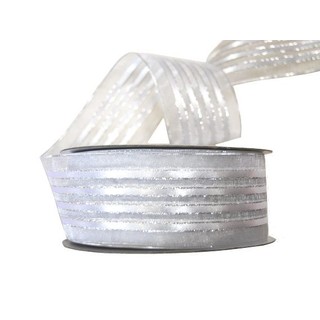 White Sheer Organza Satin Stripe With Silver Trim Ribbon - 38mm x 25M