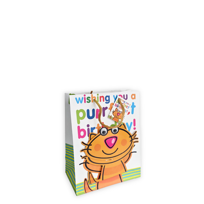 Medium Birthday Gift Bag – “Purrfect Birthday” Cool Cat with Googly Eyes
