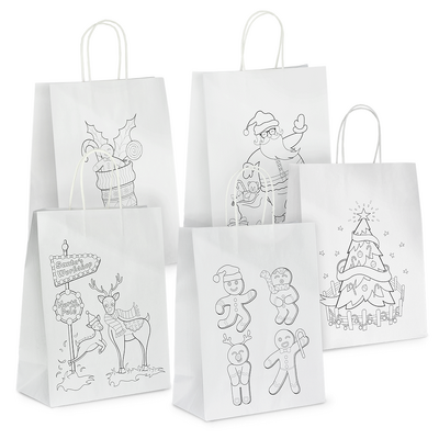 Kraft Bags - Colouring Christmas Assortment - Medium - White