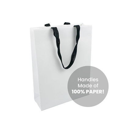 12PK Kraft Bags - FSC Certified - Premium White Medium Gift Bag - Black Paper Handles