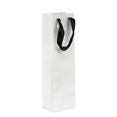 Kraft Bags - Premium White Single Wine Bottle Gift Bag - Black Ribbon Handles