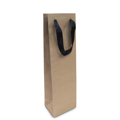Kraft Bags - Premium Kraft Brown Single Wine Bottle Gift Bag - Black Ribbon Handles