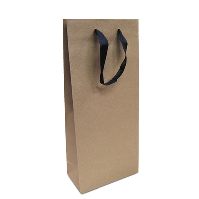 Kraft Bags - Premium Kraft Brown Double Wine Bottle Gift Bag - Black Ribbon Handles