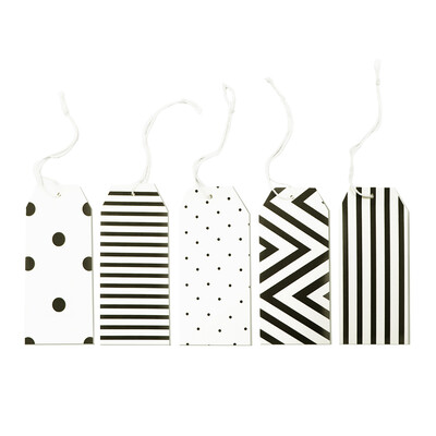 Gift Tags - 5 x 11cm - Pretied Cotton Loop - Assorted Black Patterns - 100pk 