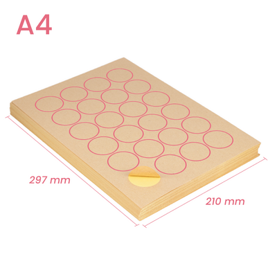 100 x 24 Round 40mm Circle Labels - A4 Brown Kraft Self-Adhesive Stickers Laser Inkjet Print Paper 4x6