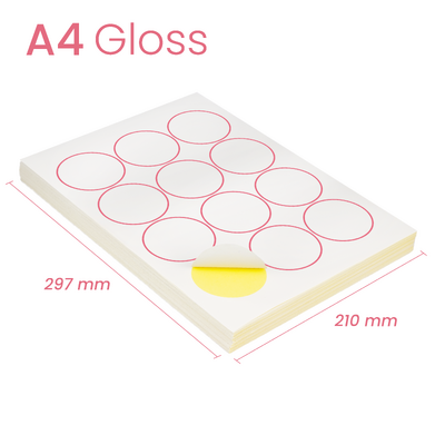 100 x 12 Round 60mm Circle Labels - A4 White Gloss Self-Adhesive Stickers Laser Inkjet Print Paper 4x6