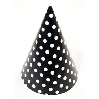 6 x Paper Party Hats Pk - Black Polka Dots