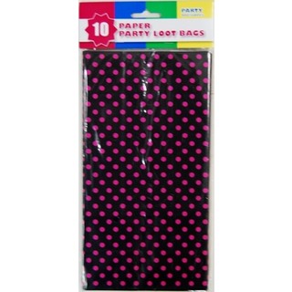 10 x Party Paper Loot Bags - Pink Dots on Black