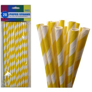 20 x Paper Drinking Straws Pk - Yellow Stripes