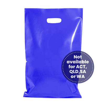100 x Plastic Carry Bags Large With Die Cut Handle  - LDPE - Glossy Blue
