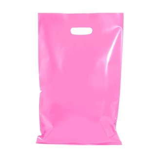 100 x Plastic Carry Bags Large With Die Cut Handle  - LDPE - Glossy Light Pink