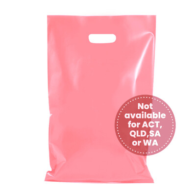 100 x Plastic Carry Bags Large With Die Cut Handle  - LDPE - Glossy Coral Pink