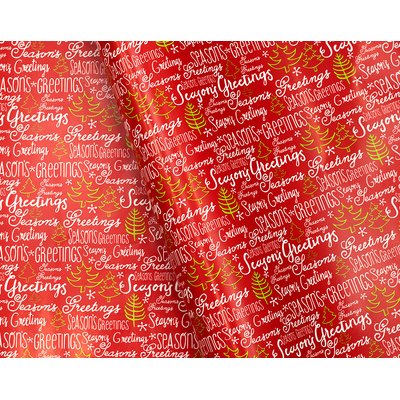 Christmas Wrapping Paper - 500mm x 60M - Season's Greetings with Green on Red