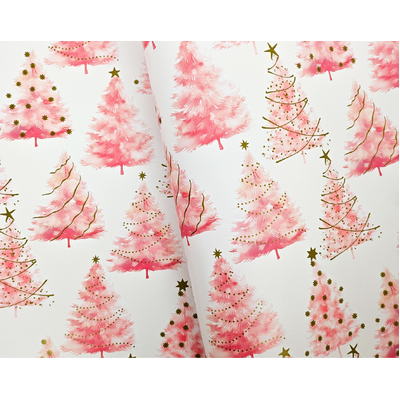 Christmas Wrapping Paper - 500mm x 60M - Pink & Gold Christmas Tree