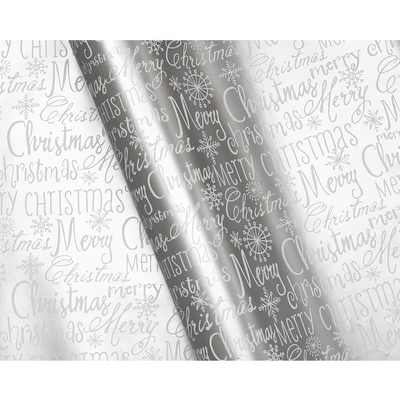 Christmas Wrapping Paper - 500mm x 60M - Metallic Silver Merry Christmas