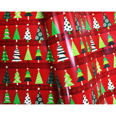 Wrapping Paper - 500mm x 60M - Christmas Wrapping Paper - Green Trees with Stars on Red