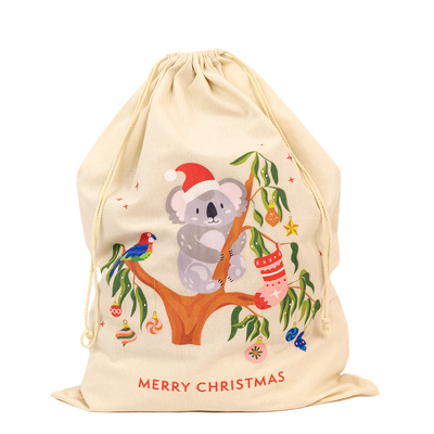 Christmas Australiana - Natural Calico Bag Santa Sack - 50cm x 70cm with Drawstrings