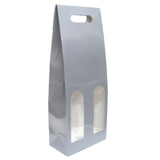 Premium Double Wine Bottle Gift Bags with Clear Window - Glossy Silver