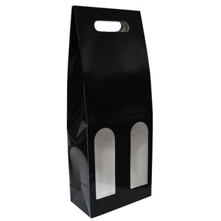 Premium Double Wine Bottle Gift Bags with Clear Window - Glossy Black